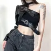 Vestes pour femmes gothiques noirs pu cuir veste femme une épaule licolle boucle hip hop streetwear streetwear zipper up courte femme