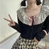 Blouses Femmes Automne Kawaii Lolita Tricoté Cardigan Femmes Dentelle Noir Coréen Doux Mignon Pull Femme Arc Japonais Élégant Tops 2024