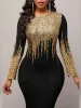 Dress Elegant Mermaid Party Dress For Women Gold Printing O Neck Long Sleeve Vintage Bodycon Evening Occasion Gowns Big Size 4XL 2023