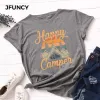 T-shirt JFUNCY été T-shirt femmes coton t-shirts heureux campeur imprimé T-shirt à manches courtes ample maman hauts femme T-shirt