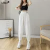 Jeans elegant elastisk midja vita fickor avslappnad sommar harem byxor mode full längd fast färg bekväma kvinnors kläder 2022