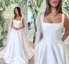 Charming Simple Plus Size A Line Wedding Dresses For Bride Black Women Spaghetti Straps Square Neck Sweep Train Garden Bridal Gowns Vestido De Noiva Custom 0417