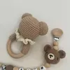 Baby Rattle Crochet Bear Teether med Bells Pacifier Chain Born Montessori Education Toy Troe Rings Toys 240226