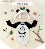 Jumpsuits Zomer Pasgeboren Baby Panda Kleding met Hoed 2 stks/set Een Stuk Jumpsuits Kids Overalls Baby Baby Rompertjes L240307