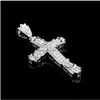 Collares colgantes Retro Sier Cross Charm Colgante Fl Ice Out Cz Simated Diamonds Collar de crucifijo católico con entrega de gota larga Judío DHF3L