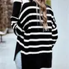 Women's Sweaters Autumn And Winter Pullover High Neck Stripe Contrast Screw Thread Lantern Long Sleeve Sweater Knit Elegant Casual Tops