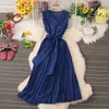 Casual Dresses French Chic Long Dress Women Notched Collar Double Breasted Button Sleeveless Vestidos Female Pleated Lace-up Dropship