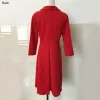 Dresses Red Dress for Office Lady A Line High Waist Deep V Neck Three Quarter Elegant Work Business Fashion Clothing Female Dress Midi