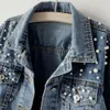 Denim Jacket Solid Single Breasted Cropped Thermal Beaded Long Sleeve Cardigan Faux Pearl Fall Coat 240307