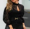 2020 frauen Streifen Keyhole Front Mesh Bluse Büro Dame Mock Neck Langarm Bluse Casual Arbeitskleidung Tops Blusa De Mujer2773891