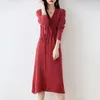 100% lã tricô vestidos femininos moda inverno lengthkeen qualidade quente feminino vneck pano estilo chinês saia 240307
