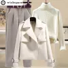 Suits Short Trench Coat Jacket with High Collar Bottom Knit Sweater Woolen Pants Three Piece Set Elegant Women's Pants Set Winter Set