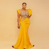 Yellow Plus Size Mermaid Evening Dresses For African Black Women Sparkly Rhinestones Beaded Special Occasion Formal Gown Peplum Second Reception Prom Dress CL3357