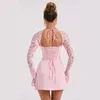 Casual Dresses Mozision Sexig Axless Hollow Out Ruched Mini för Women Robe Autumn Pearl Full Sleeve BodyCon Club Party Vestido 221119