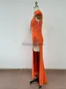 Palco desgaste lingdong borlas sexy oco out alta fenda laranja lantejoulas elegante tapete vermelho vestido de festa anual