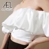 Camis AEL Off Schulter Crop Tops Rüschen Frauen Sommer Kurzarm Dame Sexy Slash Neck Liebsten Bluse Rose Rot und Weiß