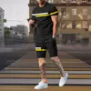 Mens Tracksuit 2 Piece Set Summer Stripe Sport Hawaiian Suit Short Sleeve T Shirt and Shorts Casual Fashion Man Clothing 240226