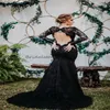 Vintage Black Gothic Wedding Dress 2024 V Neck Long Sleeve Mermaid Halloween Bridal Dress Open Back Full Lace Boho Country Civil Bride Robes De Mariee Outdoor Garden