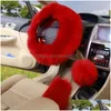 Steering Wheel Covers 3Pcs/Set Winter Long Wool Car Steering Wheel Gear Knob Shifter Parking Brake Er Warm Soft P Women Accessories 6C Dhltz