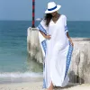 Vestido moderno kaftan branco longo solto ajuste vestido de praia feminino cobrir resortwear turquia graciosa maxi vestido caftan boho impressão bainha túnica