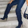 Décontracté solide bleu Denim bottes femmes bout pointu plissé mince talon haut genou bottes à lacets hiver mode chaussures grande taille 43