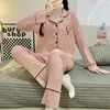 Kvinnors sömnkläder 2024 Spring Autumn Big V Luxury Design Pyjamas Cotton Coman Solid Color Lape Home Clothing Set Loungewear