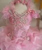 Pink Flower Girl Dress Ball Gown Ruffle Girls Pageant Dresses Luxuer Pärled Crystal Feather Kids Birthday Party Gown7830299