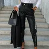 Women's Pants 2024 Leather Women Multi Pockets Zipper Decor Slim Fit High Waist Pencil Trousers Button Closure Butt-lifted