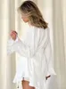 Linad – vêtements de nuit à volants pour femmes, ensemble 2 pièces blanc, pyjama en coton à manches longues, ceintures, costumes amples avec short, printemps décontracté, 240307