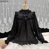 Viktorianische Vintage-Lolita-Bluse, elegante Damen-Bluse, süß, hoher Kragen, Rüschen, Spitze, Bandage, Tops, weibliche Gothic, lange Ärmel, lockere Hemden 240307