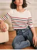 Women's T-skjortor Spring 2024 randig långärmad tee topp axelknapp dekoration fransk t-shirt klassisk damer pullover