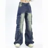 Jeans de mujer Azul Oscuros Simples Vintage White Diseño de calles de cintura alta y2K pantalones de carga rectos holgados