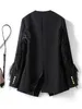 Ternos femininos mulher vintage gola v pena borla costura blazer casaco preto solto terno jaqueta feminina manga longa pele outerwear