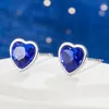 Studörhängen i 925 Sterling Silver Heart Blue Crystal för kvinnor Bröllop Fina smycken Tillbehör föremål med