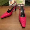 Geklede schoenen slingback hoge hakken veters ondiep gesneden schoenen sandalen halfhoge hak zwart mesh met kristallen sprankelende print schoenen rubber leren enkelbandje dames pantoffels