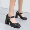 Scarpe eleganti 2024 Glitter Paillettes Materiale Tacchi spessi Mary Jane Minimalista Stile romano Bocca superficiale Traspirante Bling Décolleté da donna