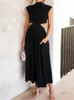 Women Summer Long Dress Solid Color Sleeveless Mock Neck Hollow Out Aline Dress Sexy Elegant Beach Holiday Loose Dresses 240304