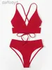 Kvinnors badkläder Kvinnor Badkläder Sexig bikini Kvinnor Swimsuit Black Lace Up Ribbed High midja Bikinis Set Summer Beach Bathing Suit for Female XL 230422 240307