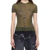 Koszulki damskie Top Kobiety 2024 Spring Korean Fashion 3D Print T-shirt Elastic Slim Fit Około szyi krótki rękaw