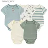 Jumpsuits New Born Bodysuits 2023 Unisex 5Pieces Baby Girl Clothes Solid Color Cotton Baby Boy Clothes Set Cartoon Print Summer Bebes L240307