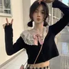 Blouses Femmes Automne Kawaii Lolita Tricoté Cardigan Femmes Dentelle Noir Coréen Doux Mignon Pull Femme Arc Japonais Élégant Tops 2024