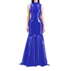 Vestidos casuales Mujeres sin mangas Medio cuello alto Aspecto mojado PVC Maxi vestido Faux Latex Sirena Piso-Longitud Party Club Fetiche Traje Ropa