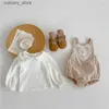 Tulumlar 2pcs/set bebek haki kıyafetleri yeni kızlar kadife romper bahar bebek gündelik peter pan yaka tatlı giyim seti l240307