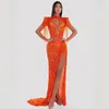 Stage Wear Lingdong Tassels Sexy Hollow Out High Slit Orange Sequin Elegant Red Carpet Annual Party Dress