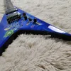 En stock DaveMustaine Mega Rust In Peace Blue V Guitare électrique Chine Micros EMG Boîte de batterie 9V Accordeurs Grover Matériel noir Incrustation d'aileron de requin Corde Thru Body Bridge