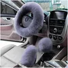 Steering Wheel Covers 3Pcs/Set Winter Long Wool Car Steering Wheel Gear Knob Shifter Parking Brake Er Warm Soft P Women Accessories 6C Dhltz