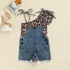 Conjuntos de ropa 1-4Y Moda Niños Bebés Ropa para niñas Un hombro Tops con estampado de leopardo Pantalones cortos con tirantes de mezclilla azul 2 piezas Traje de verano