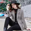 Women's Suits High Quality Blazer For Women Plaid Jacket Wool Blend Single Breasted Spring 2024 Elegant Fashion Clothes - Grey Brown