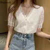 Été femmes hauts et chemisiers coréen col en v point dentelle chemise doux à manches courtes crochet fleur creux femme vêtements Blusas 13985 240223