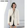 CHIC VEN Fashion Womens Blazer Office Lady Long Sleeve Double-breasted Mid-length Casual Coat Ladies Outerwear Stylish Top 230226